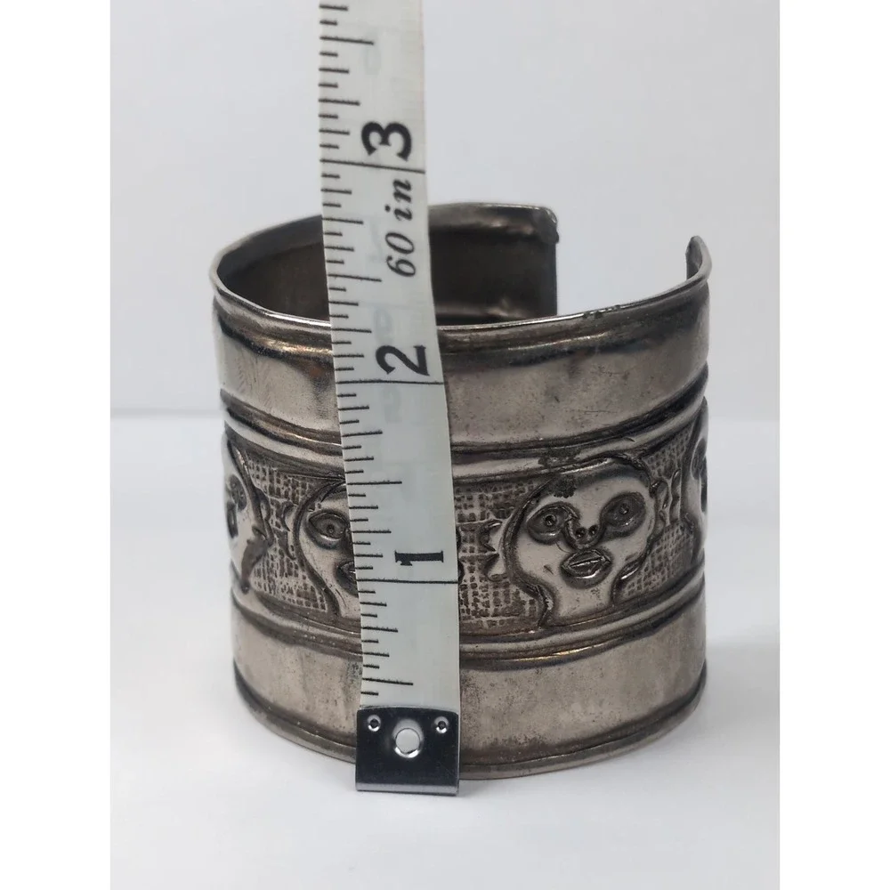 Vintage Boho Wide Cuff Bracelet Embossed  Silver Tone Ornate Carved Faces 2X2.5